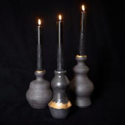 Handmade Black Ceramic Candle Holder Set 14K Gold Plated - thumbnail 2