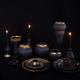 Handmade Black Ceramic Candle Holder Set 14K Gold Plated - thumbnail 4
