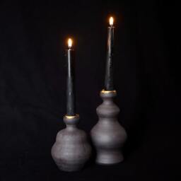 Handmade Black Ceramic Candle Holder Set 14K Gold Plated - thumbnail 1