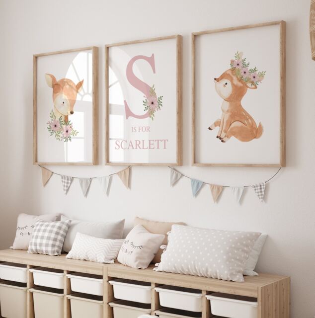 Floral Deer Prints, Nursery Decor, Girls Personalised Dusky Pink, Woodland Nursery, Flower Bedroom Fawn - image 1
