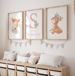 Floral Deer Prints, Nursery Decor, Girls Personalised Dusky Pink, Woodland Nursery, Flower Bedroom Fawn - thumbnail 1