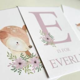 Floral Deer Prints, Nursery Decor, Girls Personalised Dusky Pink, Woodland Nursery, Flower Bedroom Fawn - thumbnail 3