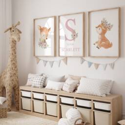 Floral Deer Prints, Nursery Decor, Girls Personalised Dusky Pink, Woodland Nursery, Flower Bedroom Fawn - thumbnail 2