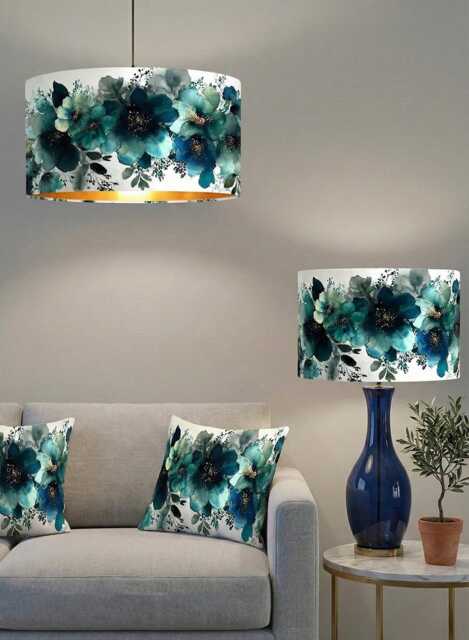 Handmade By Order Teal Blue Water Colour Floral Pattern Velvet Drum Lamp Shade Pendant Light Lamp All Shapes Sizes Available - image 1