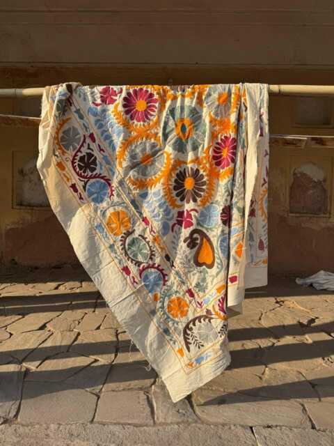 Boho Suzani Cotton Throw - Handcrafted Embroidered Decorative Blanket - image 1