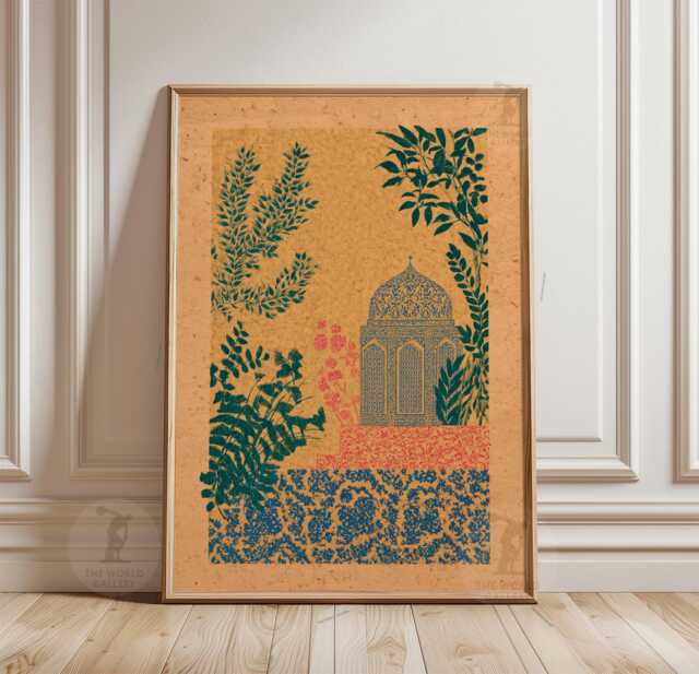 Persian Garden Pavilion Poster - Teal Botanical Wall Art Islamic Architecture Illustration - image 1