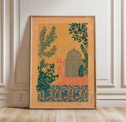 Persian Garden Pavilion Poster - Teal Botanical Wall Art Islamic Architecture Illustration - thumbnail 1