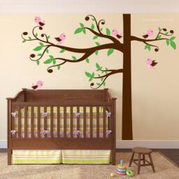 Swirly Tree Wall Decal With Birds Nursery Corner Kids Branches Leaves & Singing Whimsical Crib #1329 - thumbnail 2