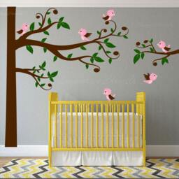 Swirly Tree Wall Decal With Birds Nursery Corner Kids Branches Leaves & Singing Whimsical Crib #1329 - thumbnail 1