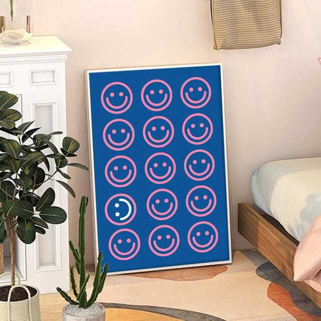Funny Pink & Blue Smiley Face Art Canvas Poster, Trendy Wall Art, Apartment Aesthetic Decor, Retro Home Printed Gift - image 1