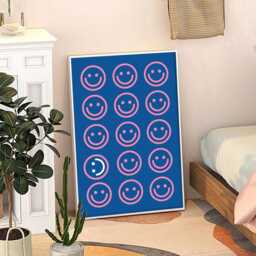 Funny Pink & Blue Smiley Face Art Canvas Poster, Trendy Wall Art, Apartment Aesthetic Decor, Retro Home Printed Gift - thumbnail 1