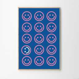 Funny Pink & Blue Smiley Face Art Canvas Poster, Trendy Wall Art, Apartment Aesthetic Decor, Retro Home Printed Gift - thumbnail 2