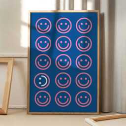 Funny Pink & Blue Smiley Face Art Canvas Poster, Trendy Wall Art, Apartment Aesthetic Decor, Retro Home Printed Gift - thumbnail 3