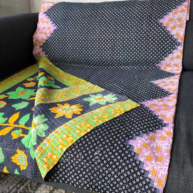 Sale Kantha Throw - Black & Lilac. Reverse Black, Green Ochre. Unique/One Of A Kind/Vintage/Boho/Kantha Stitched/Reversible Throw - image 1
