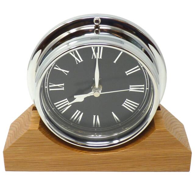Handmade Prestige Roman Clock in Chrome With Jet Black Dial Mounted On An English Oak Mantel/Display Mount - image 1