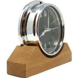 Handmade Prestige Roman Clock in Chrome With Jet Black Dial Mounted On An English Oak Mantel/Display Mount - thumbnail 2