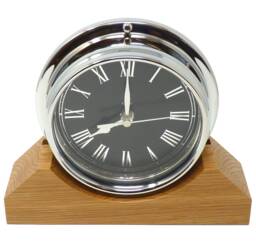 Handmade Prestige Roman Clock in Chrome With Jet Black Dial Mounted On An English Oak Mantel/Display Mount