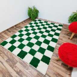 Handmade Wool Moroccan Rug Green & White Checkered Beni Ourain Rug - thumbnail 2