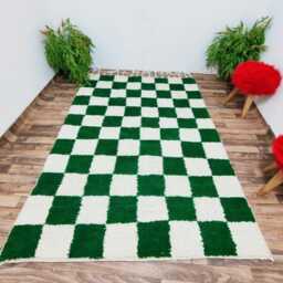 Handmade Wool Moroccan Rug Green & White Checkered Beni Ourain Rug - thumbnail 3