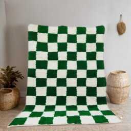 Handmade Wool Moroccan Rug Green & White Checkered Beni Ourain Rug - thumbnail 1