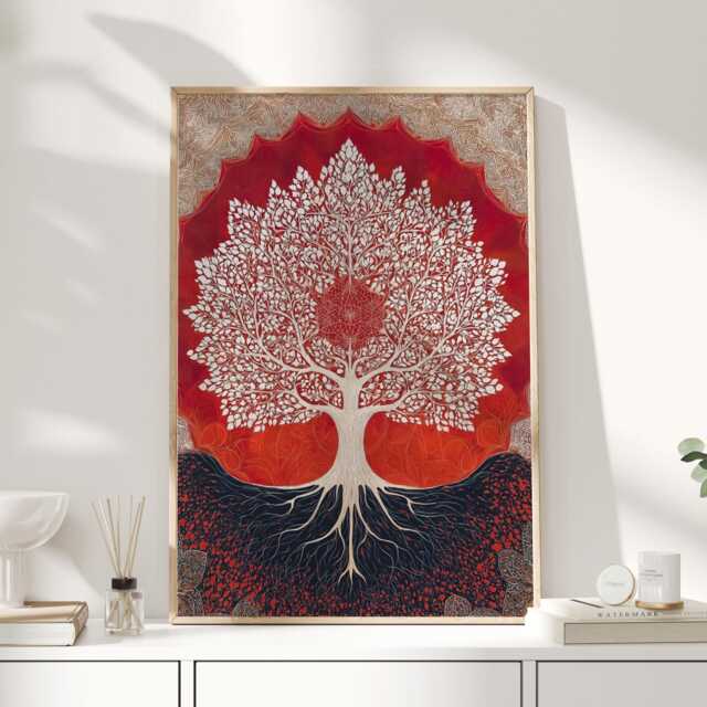 Tree Of Life Wall Art Print, Boho Red & White Abstract Nature Artwork, Spiritual Roots Poster, Modern Botanical Home Decor - image 1