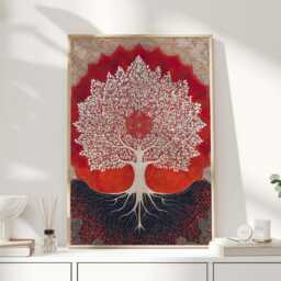Tree Of Life Wall Art Print, Boho Red & White Abstract Nature Artwork, Spiritual Roots Poster, Modern Botanical Home Decor - thumbnail 1