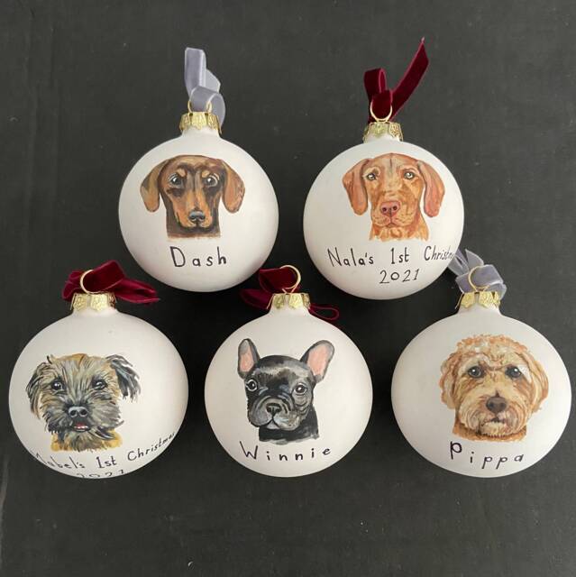 Pesonalised Hand Painted Dog Bauble With Velvet Ribbon - image 1
