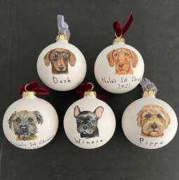 Pesonalised Hand Painted Dog Bauble With Velvet Ribbon