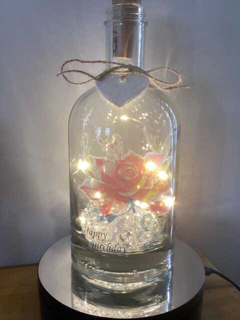 Personalised Rose Birth Flower, June Light Up Bottle, Bottle Lamp With Gift Messaging Service & Bag