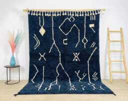 Dark Blue White Abstract Moroccan Rug - Hand Tufted Symbol Carpet Large Berber Area Shag - thumbnail 1