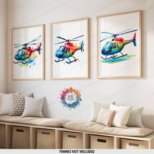 Colourful Helicopter Prints - Set Of 3 - Boys Bedroom Decor Aircraft Wall Art Watercolor Style Kids Nursery Poster Aviation Gifts - image 1