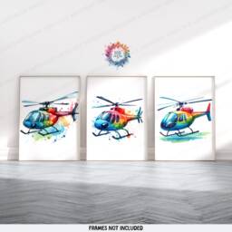 Colourful Helicopter Prints - Set Of 3 - Boys Bedroom Decor Aircraft Wall Art Watercolor Style Kids Nursery Poster Aviation Gifts - thumbnail 2