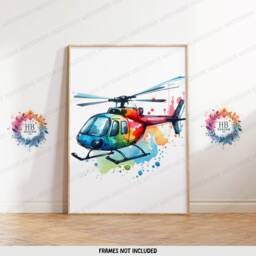 Colourful Helicopter Prints - Set Of 3 - Boys Bedroom Decor Aircraft Wall Art Watercolor Style Kids Nursery Poster Aviation Gifts - thumbnail 3