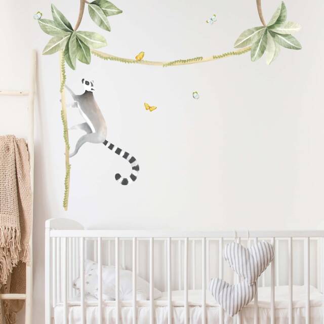 Climbing Lemur & Tropical Leaves - Watercolour Wall Decals, Plastic-Free Kids Room Wall Stickers - image 1