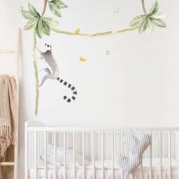 Climbing Lemur & Tropical Leaves - Watercolour Wall Decals, Plastic-Free Kids Room Wall Stickers