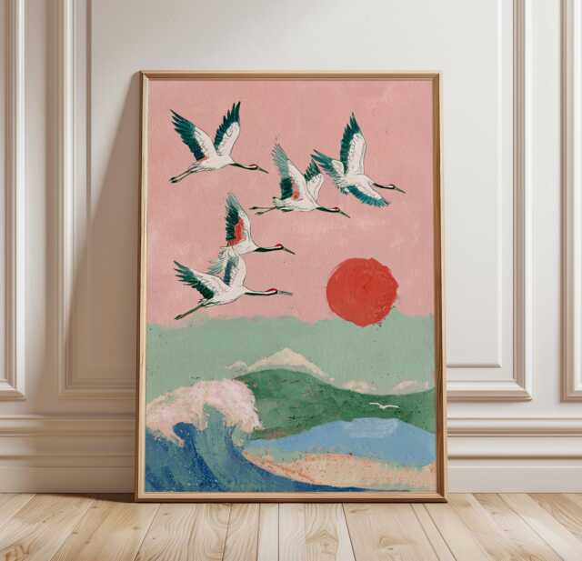 Japanese Ocean Wave Wall Art Poster Cranes Sunrise Illustration Pink Blue Home Decor Living Room Print, Vintage Style - image 1