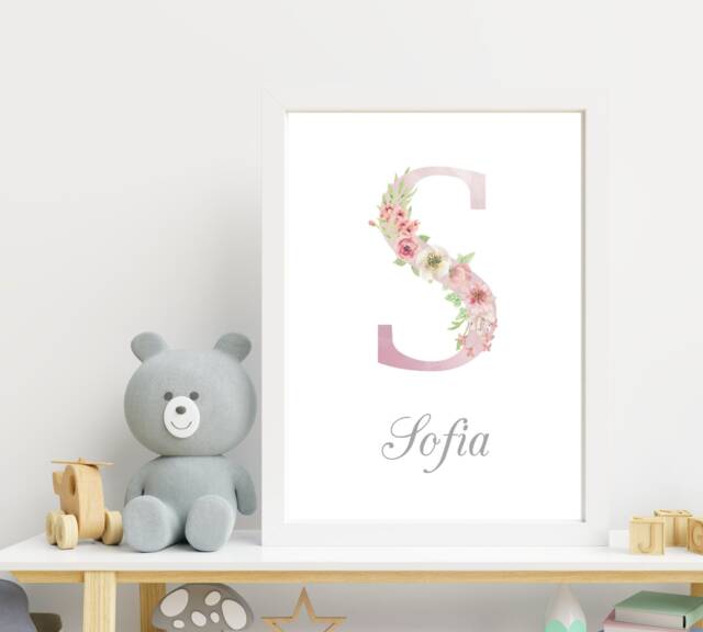 Personalised Nursery Print, Monogram Floral Initial Letter Wall Art, Pink Name Christening Gift - image 1