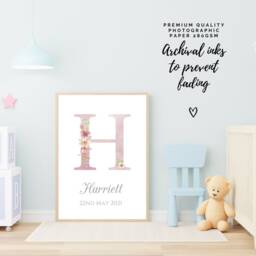 Personalised Nursery Print, Monogram Floral Initial Letter Wall Art, Pink Name Christening Gift - thumbnail 2