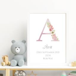Personalised Nursery Print, Monogram Floral Initial Letter Wall Art, Pink Name Christening Gift - thumbnail 3