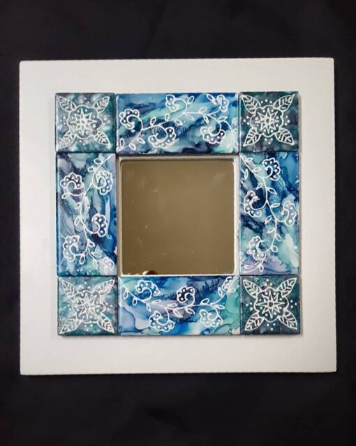 Handpainted Tiled Mirror, Henna Motif, Alcohol Inks, Blue, White - image 1