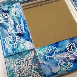 Handpainted Tiled Mirror, Henna Motif, Alcohol Inks, Blue, White - thumbnail 2