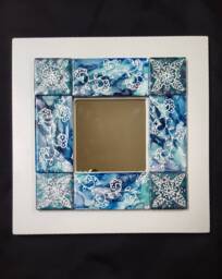 Handpainted Tiled Mirror, Henna Motif, Alcohol Inks, Blue, White - thumbnail 1