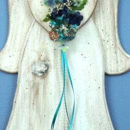 Country Wooden Angel, Distressed Wood Teal Ribbon Floral Antiqued Angel Wall Hanging, Rustic - thumbnail 3
