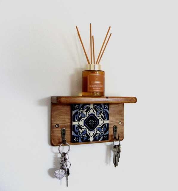 Rustic Pine Wood Key Holder With Shelf Mexican Tile, Bronze Hooks - image 1