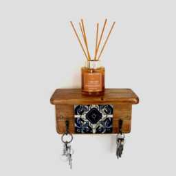 Rustic Pine Wood Key Holder With Shelf Mexican Tile, Bronze Hooks - thumbnail 3