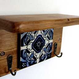 Rustic Pine Wood Key Holder With Shelf Mexican Tile, Bronze Hooks - thumbnail 4