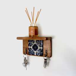 Rustic Pine Wood Key Holder With Shelf Mexican Tile, Bronze Hooks - thumbnail 2