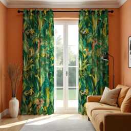 Tropical Jungle Curtains, Lush Green Botanical Drapes With Exotic Leaves & Vibrant Flowers, Bold Nature Print Window Panels - thumbnail 3