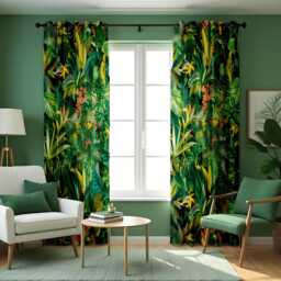 Tropical Jungle Curtains, Lush Green Botanical Drapes With Exotic Leaves & Vibrant Flowers, Bold Nature Print Window Panels - thumbnail 1