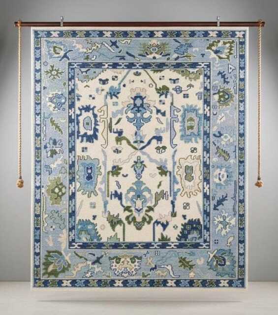 Hand-Knotted Blue Oushak Wool Rug - Traditional Turkish Design, Living Room Decor, Custom Sizes - image 1